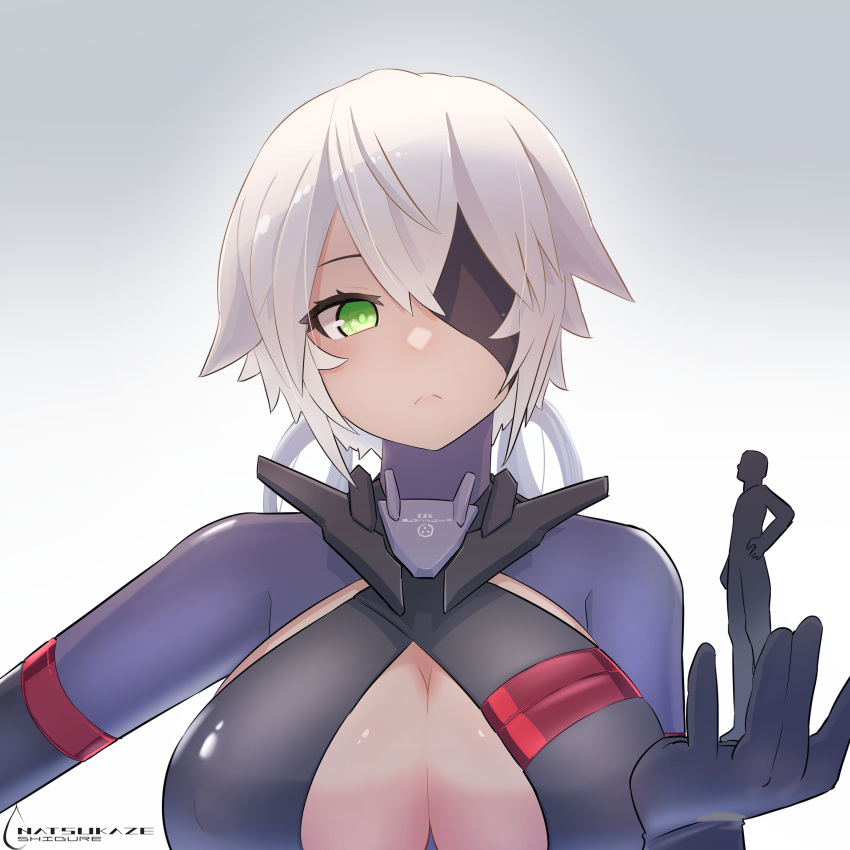 1boy absurdres auv_susanowo blush breasts center_opening cleavage crossed_bangs eyepatch female green_eyes highres impossible_clothes large_breasts leotard long_hair mecha_musume megami_device natsukaze_shigure purple_leotard shiny_skin skin_tight standing upper_body