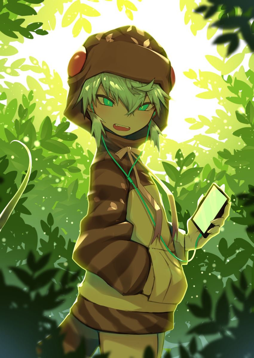 absurdres akuma_(st.takuma) backlighting cellphone commentary cowboy_shot dappled_sunlight day fangs female from_side green_eyes hair_between_eyes hand_in_pocket hand_up headphones highres holding holding_phone hood hood_up hoodie kemono_friends long_sleeves looking_at_viewer looking_to_the_side neck_ribbon open_mouth outdoors phone pink_ribbon pocket ribbon smartphone snake_tail solo striped_clothes striped_hoodie striped_tail sunlight tail teeth tsuchinoko_(kemono_friends) upper_teeth_only