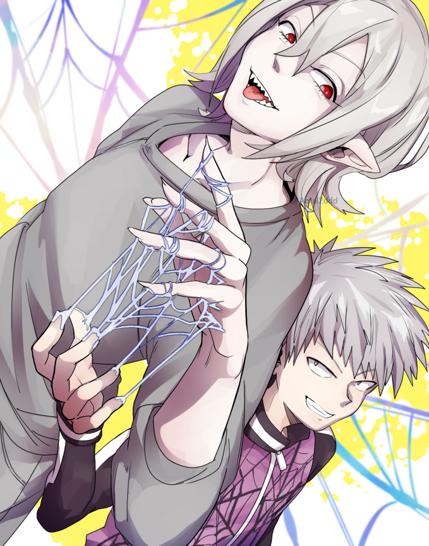 2boys dabu_(dabuchan) grey_hair grey_shirt hair_between_eyes highres jacket kemono_jihen long_sleeves male_focus mihai_florescu multiple_boys open_mouth pointy_ears purple_jacket red_eyes sharp_teeth shirt silk smile spider_web tademaru_shiki teeth tongue tongue_out