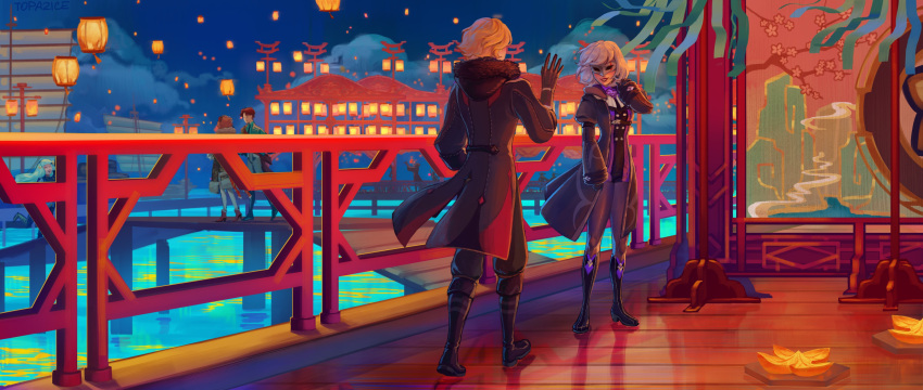 1boy absurdres architecture blonde_hair boots chinese_clothes chinese_new_year coat crowd fatui_agent_(genshin_impact) female full_body fur_collar fur_trim genshin_impact harbor highres lantern lantern_festival mask nadia_(genshin_impact) paper_lantern scenery ship sky_lantern topazice vlad_(genshin_impact) watercraft