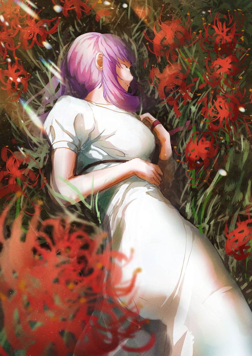 absurdres blurry blurry_foreground closed_eyes dress fate/stay_night fate_(series) female flower highres long_dress long_hair lying matou_sakura official_alternate_costume on_side puffy_short_sleeves puffy_sleeves purple_hair red_flower red_ribbon ribbon short_sleeves sleeping solo tears tsugu0302 white_dress