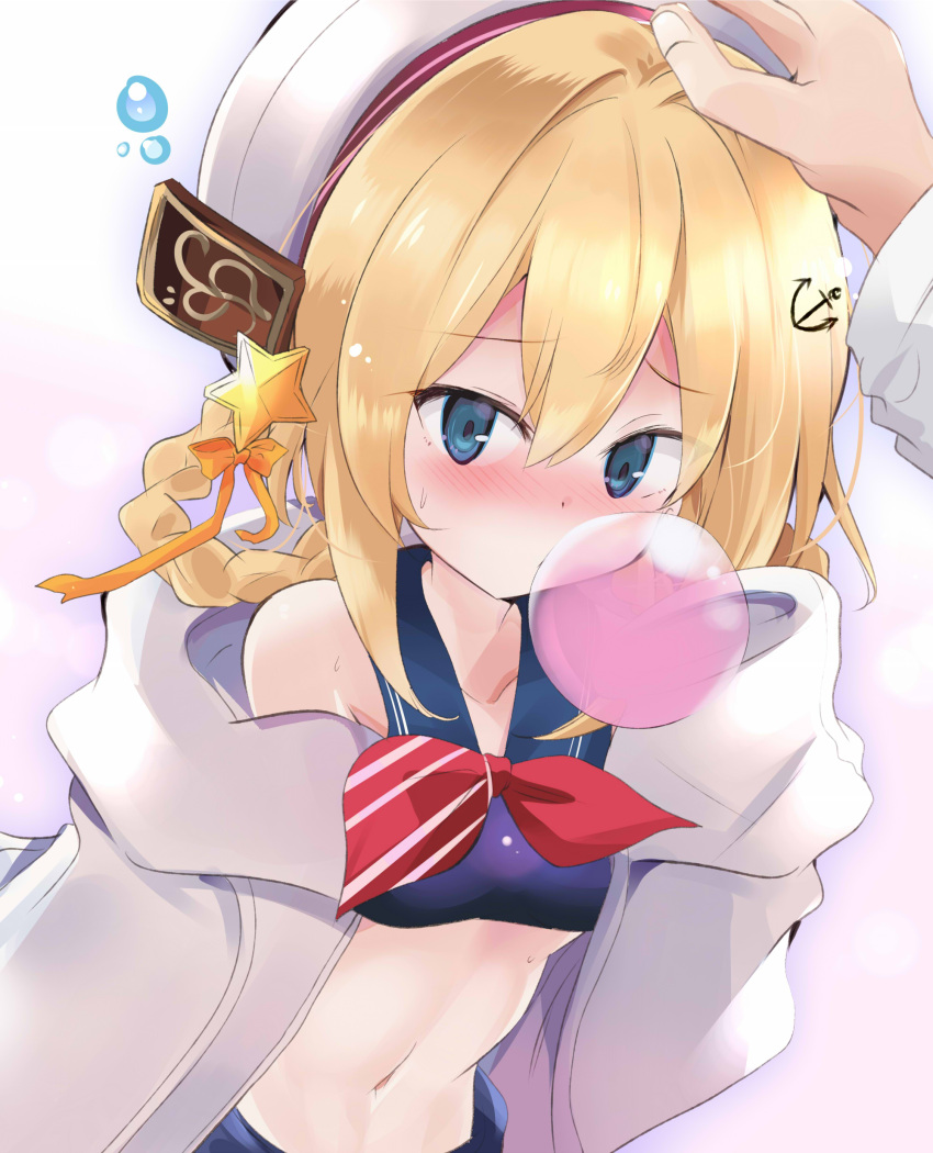 absurdres anchor_hair_ornament azur_lane bare_shoulders blonde_hair blowing_bubbles blue_eyes blush braid chewing_gum female hair_ornament headpat highres long_hair looking_at_viewer midriff simple_background solo stephen_potter_(azur_lane) tonchinkan white_headwear