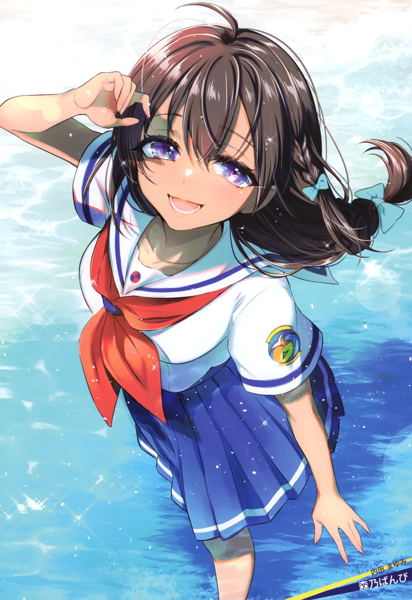 :d absurdres ahoge arm_up artist_name blue_bow blue_eyes blue_skirt bow braid braided_ponytail brown_hair character_name collared_shirt female floating_hair from_above hair_between_eyes hairbow half-closed_eyes high_school_fleet highres long_hair looking_at_viewer low-braided_long_hair low-tied_long_hair miniskirt morino_bambi neckerchief official_art open_mouth pleated_skirt red_neckerchief sailor_collar sailor_shirt scan school_uniform serafuku shirt short_sleeves side_braid skirt smile solo standing uchida_mayumi very_long_hair wading white_sailor_collar white_shirt yokosuka_girls_marine_high_school_uniform