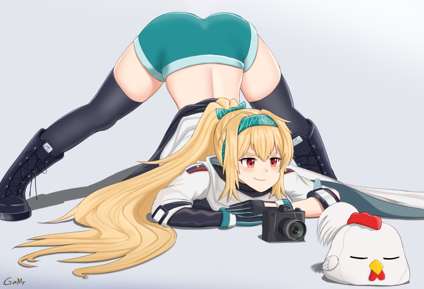 aqua_shorts artist_name ass bird black_footwear black_gloves black_thighhighs blonde_hair blush boots camera chicken closed_mouth crossed_arms female gamryous girls'_frontline gloves green_ribbons hair_ribbon hairband highres jack-o'_challenge jacket long_hair looking_at_another ponytail red_eyes ribbon russian_flag shorts simple_background smile solo sv-98_(girls'_frontline) thighhighs top-down_bottom-up very_long_hair white_jacket