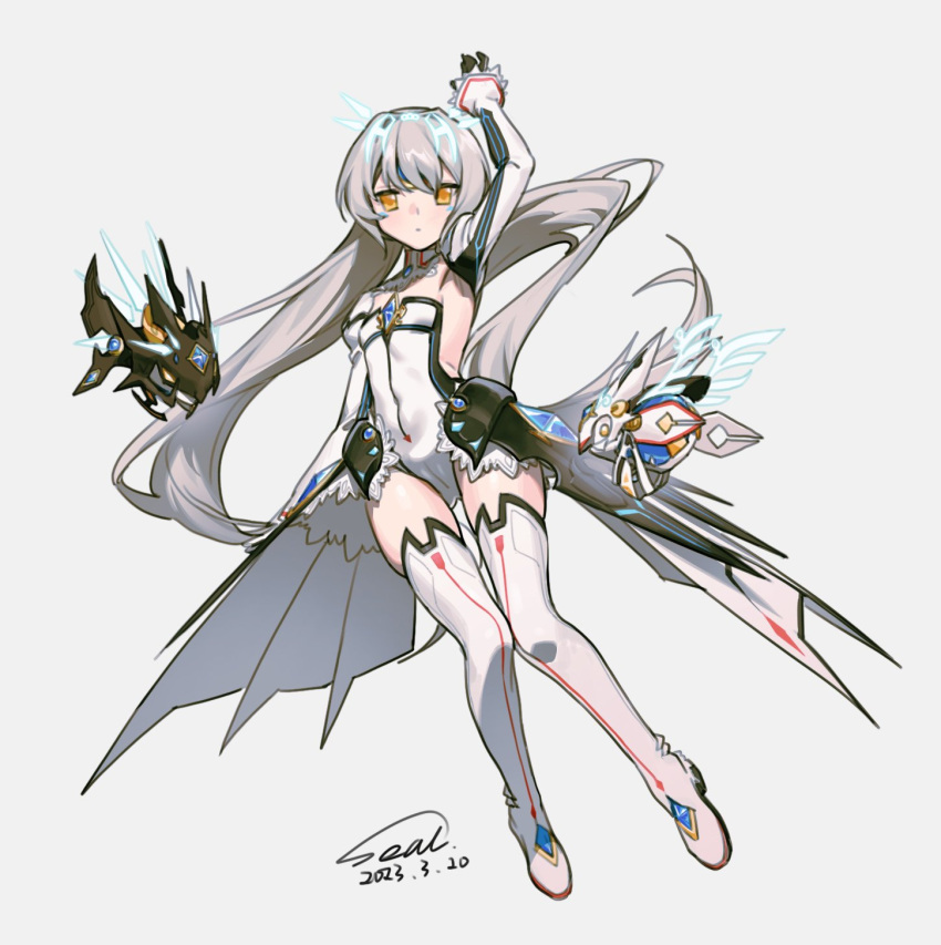 airseal android arm_up black_gloves breasts closed_mouth code:_battle_seraph_(elsword) commentary covered_navel dated detached_collar detached_sleeves elsword eve_(elsword) facial_mark female floating floating_hair floating_object forehead_jewel full_body gloves highres leotard long_hair looking_at_viewer moby_(elsword) remy_(elsword) robot simple_background small_breasts solo strapless strapless_leotard thighhighs very_long_hair white_background white_hair white_leotard white_thighhighs yellow_eyes