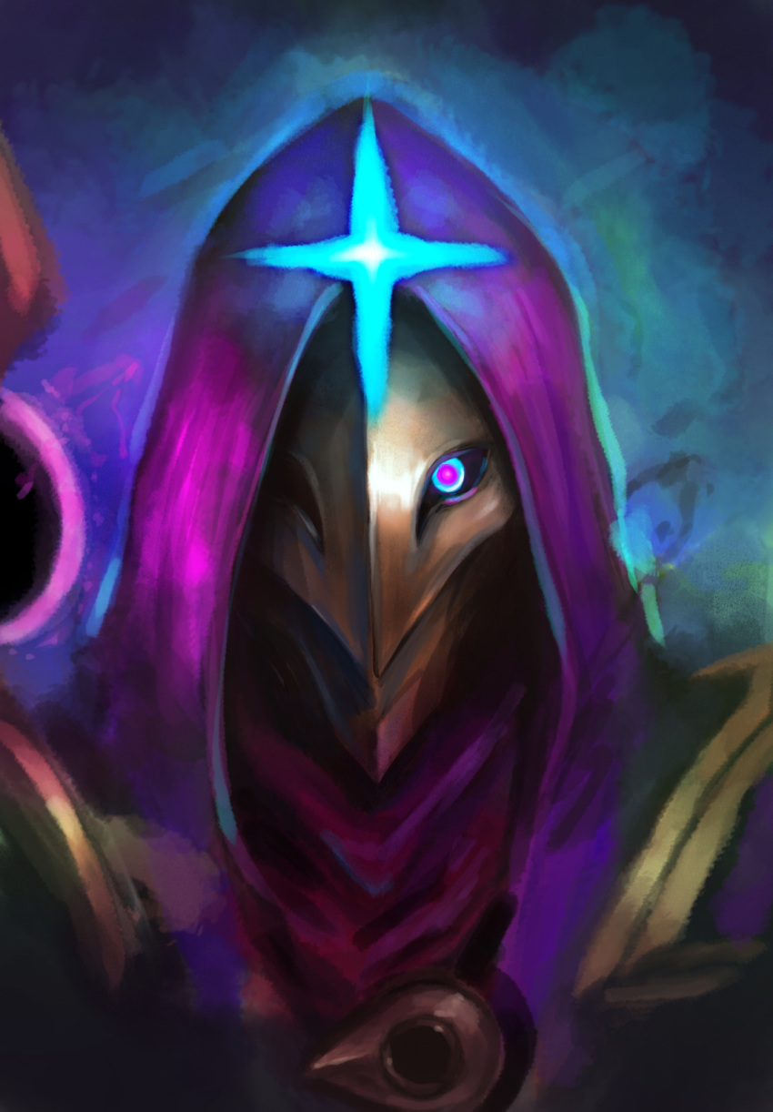 1boy blue_eyes dark_cosmic_jhin glowing glowing_eye highres hood hood_up iothree7 jhin league_of_legends male_focus mask painterly portrait solo