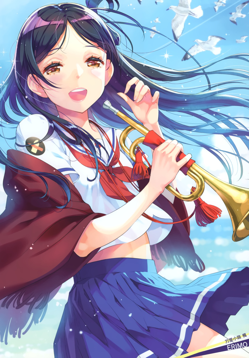 :d absurdres artist_name bird black_hair blue_skirt blue_sky character_name clothes_lift collarbone collared_shirt contrail cowboy_shot day female floating_hair half-closed_eyes high_school_fleet highres holding holding_instrument instrument long_hair looking_at_viewer marikouji_kaede midriff miniskirt neckerchief nishimura_eri official_art open_mouth outdoors parted_bangs pleated_skirt red_neckerchief sailor_collar sailor_shirt scan school_uniform serafuku shirt skirt skirt_lift sky smile solo sparkle standing stomach straight_hair trumpet very_long_hair white_sailor_collar white_shirt yellow_eyes yokosuka_girls_marine_high_school_uniform