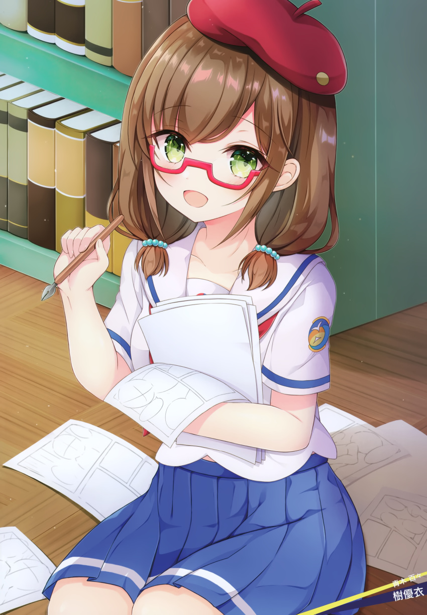 :d absurdres aoki_momo artist_name beret blue_skirt book bookshelf brown_hair character_name collarbone collared_shirt female glasses green_eyes hair_ornament hat high_school_fleet highres holding holding_pen indoors kiyui_(honey_citron) kneeling long_hair looking_at_viewer miniskirt nib_pen_(object) official_art open_mouth pen pleated_skirt red-framed_eyewear red_hat sailor_collar sailor_shirt scan school_uniform semi-rimless_eyewear serafuku shirt short_sleeves sitting skirt smile solo under-rim_eyewear white_sailor_collar white_shirt yokosuka_girls_marine_high_school_uniform