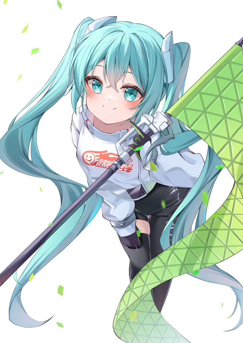 absurdres aqua_eyes aqua_hair asymmetrical_bodysuit bent_over black_bodysuit black_gloves bodysuit boots closed_mouth confession cropped_jacket feet_out_of_frame female flag flagpole flame_print gloves goodsmile_racing green_flag green_gloves hair_between_eyes hatsune_miku highres holding holding_flag holding_pole long_hair looking_at_viewer pole race_queen racing_miku racing_miku_(2022) ryaru_ryaru simple_background single_leg_bodysuit single_thigh_boot smile smiley_face solo text_print thigh_boots twintails two-tone_gloves very_long_hair vocaloid white_background