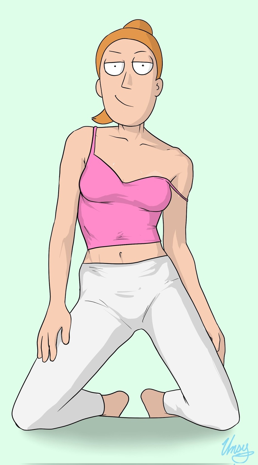 accurate_art_style barefoot clothed_female female_only kneeling rick_and_morty smirk strap_slip summer_smith tagme tank_top undrsydr yoga_pants