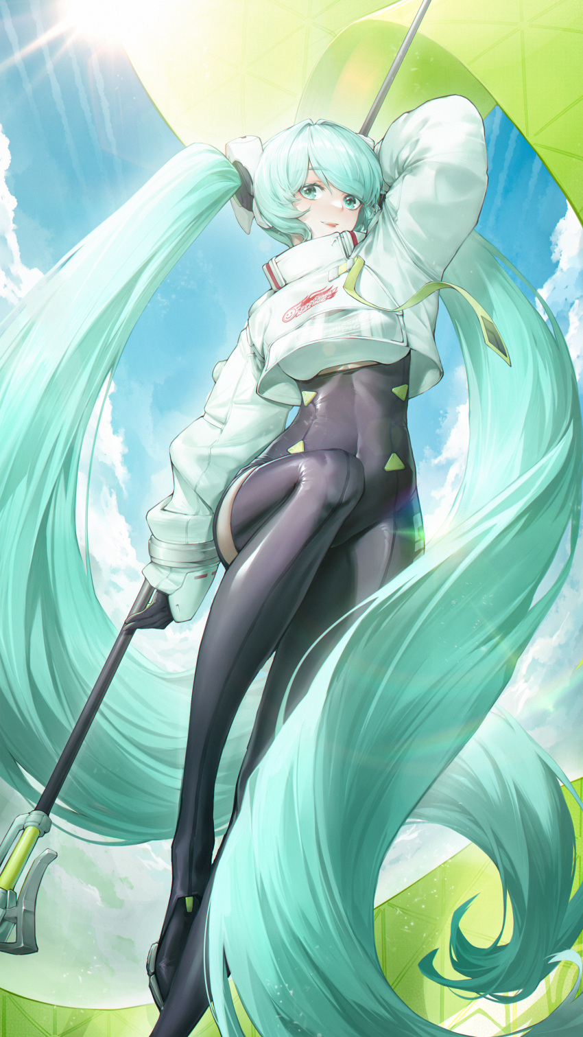 1223105337 absurdly_long_hair absurdres aqua_eyes aqua_hair arm_up asymmetrical_bodysuit black_bodysuit black_gloves blue_sky bodysuit boots breasts cloud cloudy_sky commentary cropped_jacket female flag flagpole full_body gloves goodsmile_racing green_flag hatsune_miku highres holding holding_flag jacket long_hair long_sleeves looking_ahead medium_breasts open_mouth racing_miku racing_miku_(2022) single_leg_bodysuit single_thigh_boot single_thighhigh sky smile solo standing standing_on_one_leg thigh_boots thighhighs very_long_hair vocaloid white_jacket