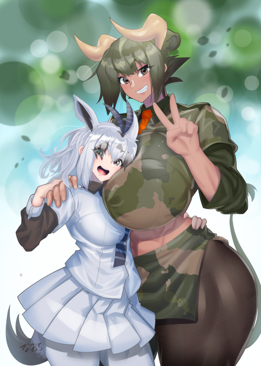 2girls alternate_breast_size animal_ears arabian_oryx_(kemono_friends) arm_around_back arm_around_waist aurochs_(kemono_friends) black_hair black_pantyhose breast_smother breasts brown_eyes camouflage camouflage_shirt camouflage_skirt collared_shirt colored_inner_hair commentary cow_ears cow_girl cow_tail cowboy_shot curvy dark-skinned_female dark_skin extra_ears eyes_visible_through_hair face_to_breasts floating_hair gazelle_ears gazelle_horns gazelle_tail gigantic_breasts green_hair grey_eyes grey_hair grin hair_over_one_eye hand_on_another's_hand hand_on_another's_shoulder hand_up head_on_chest head_tilt height_difference highres horizontal_pupils horns impossible_clothes impossible_shirt kemono_friends large_breasts layered_sleeves long_sleeves looking_at_viewer medium_hair microskirt midriff miniskirt multicolored_hair multiple_girls naochi_(bobi8081) necktie open_mouth pantyhose pleated_skirt print_shirt print_skirt red_necktie shirt short_hair short_over_long_sleeves short_sleeves sidelocks skirt smile stomach tail tall_female toned two-tone_hair v v-shaped_eyebrows white_pantyhose white_shirt white_skirt wing_collar