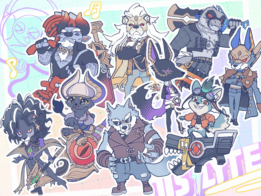 absurdres alolin_(pazuzu)_(dislyte) animal_ears axe bare_pectorals boomboom brewster_(garmr)_(dislyte) cane cat_boy cat_tail chibi claws commentary_request cow_boy cow_ears cow_horns crocodile_boy crocodilian_tail daylon_(sobek)_(dislyte) dislyte djoser_(atum)_(dislyte) drew_(anubis)_(dislyte) fingerless_gloves freddy_(fenrir)_(dislyte) furry furry_male gloves goggles goggles_on_head hand_on_own_chin highres holding holding_axe holding_cane holding_mace holding_sword holding_weapon horns jackal_boy jackal_ears javid_(shamash)_(dislyte) lion_boy lion_ears lion_tail looking_at_viewer male_focus mask monocle multiple_boys pectorals raised_eyebrow reptile_boy rocket_launcher sander_(set)_(dislyte) strap sunglasses sword tail tenshuu93 tevor_(sphinx)_(dislyte) weapon wolf_boy wolf_ears wolf_tail