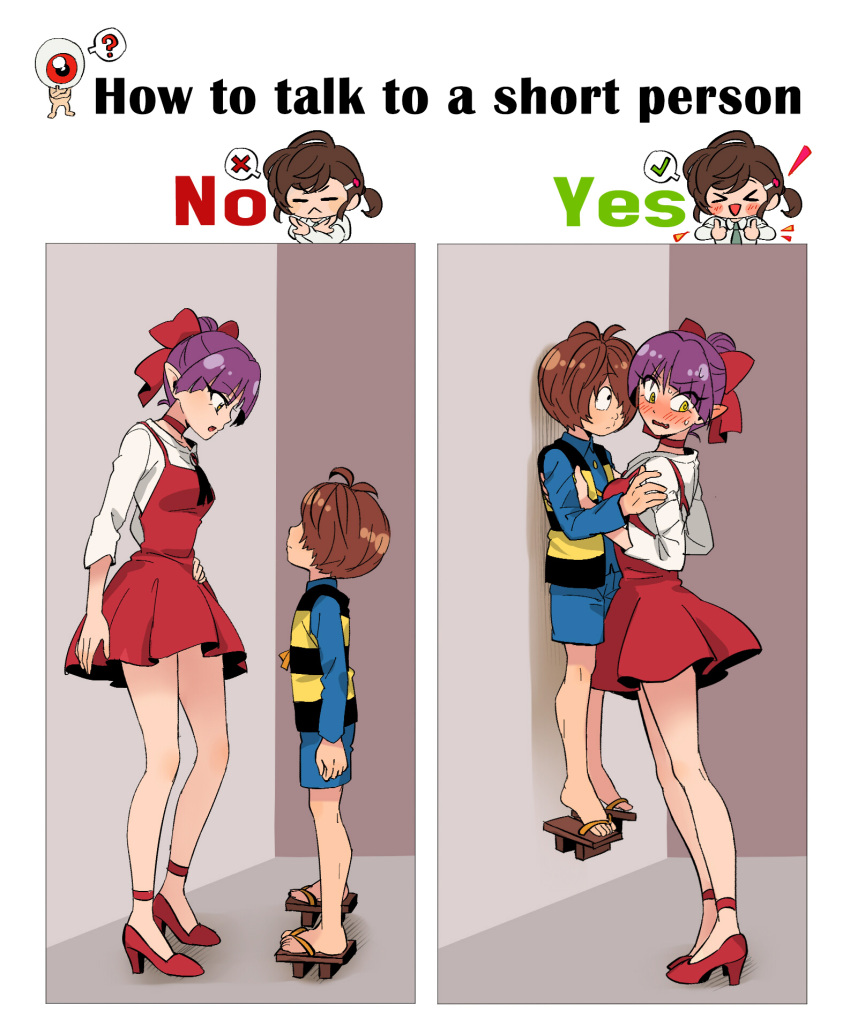 1boy 2girls blue_shirt blue_shorts blush chibi chibi_inset choker commentary_request dress embarrassed english_text full-face_blush gegege_no_kitarou geta height_difference high_heels highres how_to_talk_to_short_people_(meme) inuyama_mana kitarou lauren_phillips_lifting_alice_merchesi_(meme) lifting_person medama_oyaji meme multiple_girls nekomusume nekomusume_(gegege_no_kitarou_6) pointy_ears purple_hair red_choker red_dress red_footwear shirt shirt_under_dress short_dress short_hair shorts silanduqiaocui straight striped_clothes striped_vest sweatdrop vest white_shirt yellow_eyes