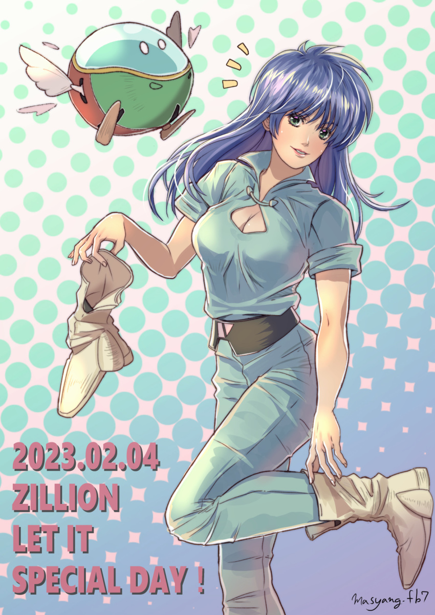 akai_koudan_zillion apple_(zillion) artist_name belt black_belt blue_hair blue_pants blue_shirt blush boots breasts cleavage cleavage_cutout clothing_cutout commentary_request copyright_name dated english_text engrish_text female green_eyes head_tilt highres holding holding_boots holding_clothes holding_footwear looking_at_viewer medium_breasts notice_lines opa-opa pants parted_lips ranguage ryu_(masu_nantoka-san) shirt smile unworn_boots wings