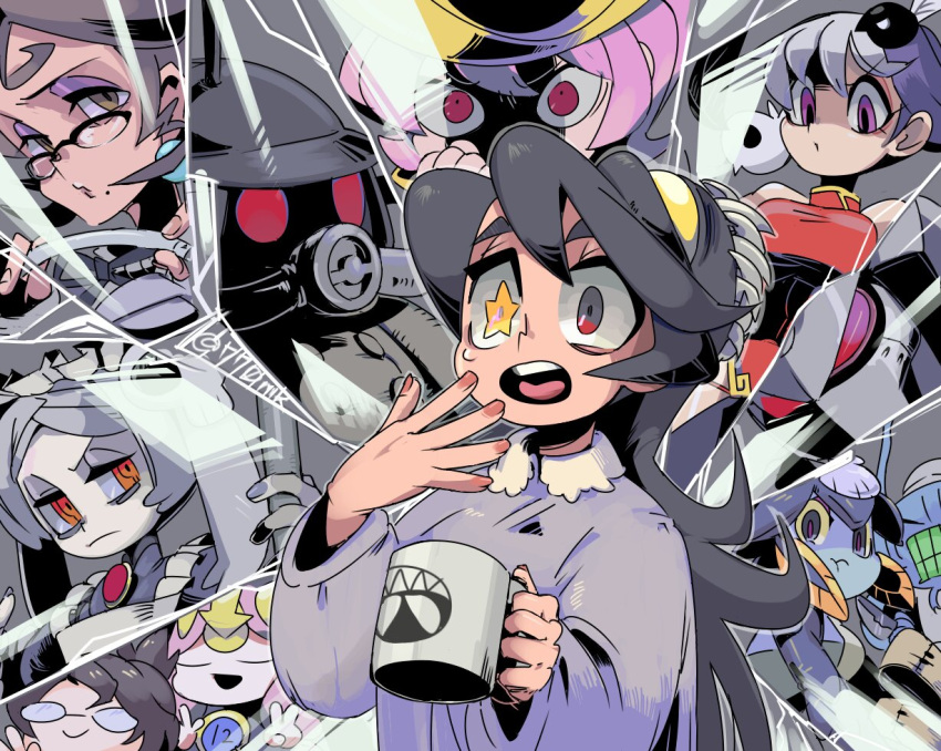 3boys 6+girls 770mk aeon_(skullgirls) apron black_hair bloody_marie_(skullgirls) brain_drain_(skullgirls) brooch brown_hair coffee_mug cup cyborg double_v eyeshadow feng_(skullgirls) filia_(skullgirls) fish_girl frown gas_mask glasses grey_hair hair_ornament hat helmet jewelry maid_headdress makeup mask minette_(skullgirls) mole mole_under_mouth monster_girl mrs._victoria_(skullgirls) mug multicolored_hair multiple_boys multiple_girls open_mouth pajamas panzerfaust_(skullgirls) pink_hair puffy_cheeks purple_eyes pursed_lips raincoat red_eyes samson_(skullgirls) short_hair skull_hair_ornament skullgirls star-shaped_pupils star_(symbol) surprised symbol-shaped_pupils twintails two-tone_hair umbrella_(skullgirls) v venus_(skullgirls) white_hair yu-wan_(skullgirls)