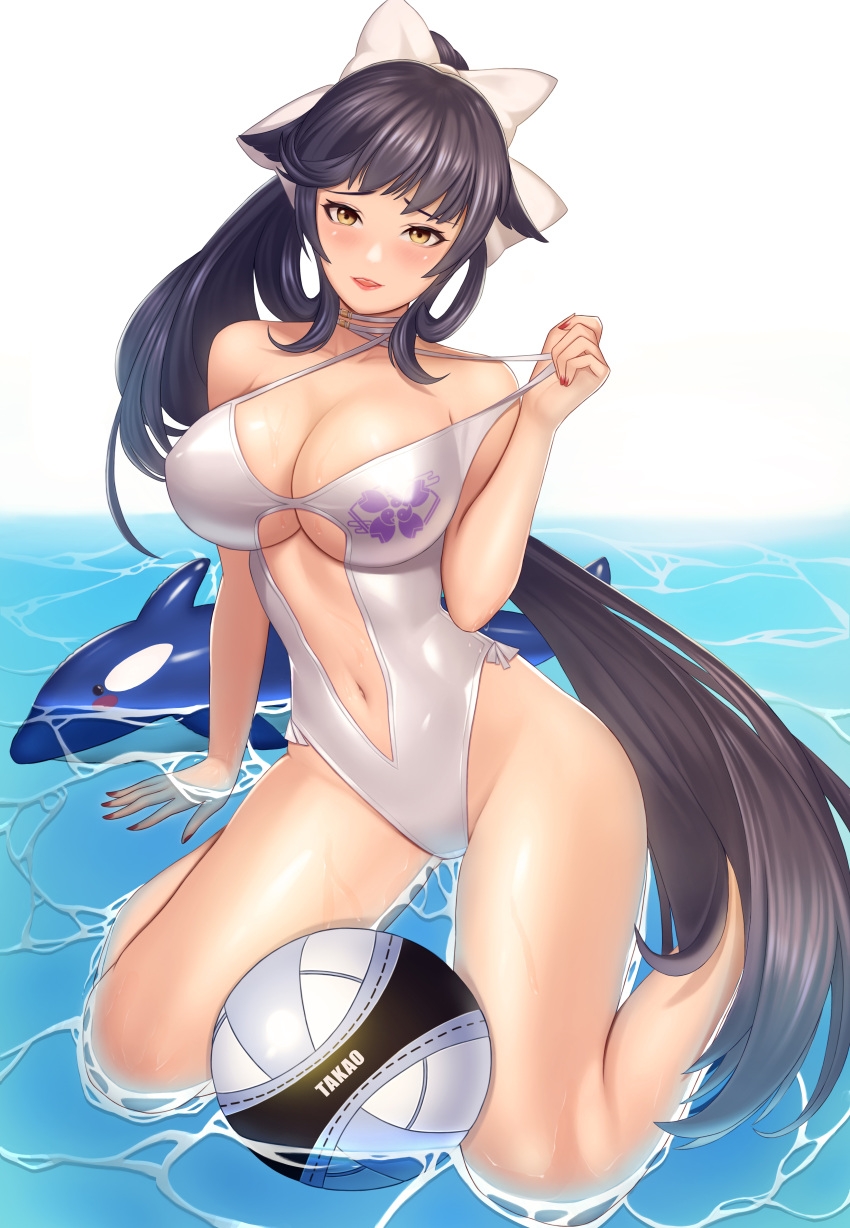 absurdres arm_support azur_lane ball bare_shoulders beachball black_hair blush bow breasts brown_eyes character_name choker cleavage clothing_cutout collarbone commentary_request criss-cross_halter eyebrows_hidden_by_hair female full_body groin hair_flaps hairbow halterneck highres inflatable_orca inflatable_toy large_breasts long_hair looking_at_viewer navel navel_cutout official_alternate_costume one-piece_swimsuit parted_lips ponytail rakuri_(rwrn5475) red_nails revision sakura_empire_(emblem) sidelocks simple_background sitting solo strap_pull swept_bangs swimsuit takao_(azur_lane) takao_(beach_rhapsody)_(azur_lane) teeth underboob underboob_cutout upper_teeth_only very_long_hair wariza water wet white_background white_bow white_choker white_one-piece_swimsuit