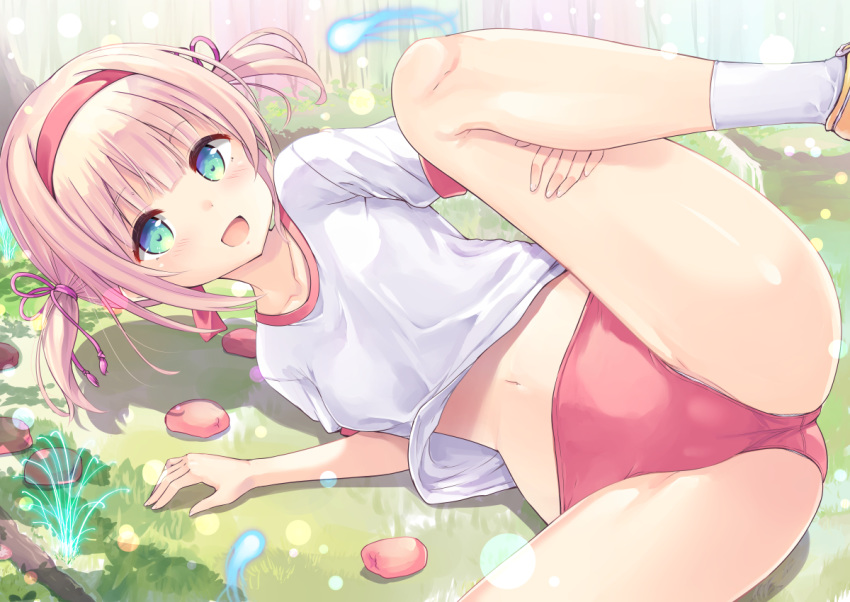 :d bean_bag blonde_hair blush breasts buruma christine_ketoura collarbone commentary_request crotch female forest green_eyes gym_shirt gym_uniform hair_ribbon hairband iris_mysteria! leg_up lying nature navel on_side open_mouth outdoors panties_under_buruma pink_ribbon red_buruma red_hairband ribbon shirt short_sleeves short_twintails small_breasts smile socks solo spread_legs tenjou_ryuka twintails white_shirt white_socks