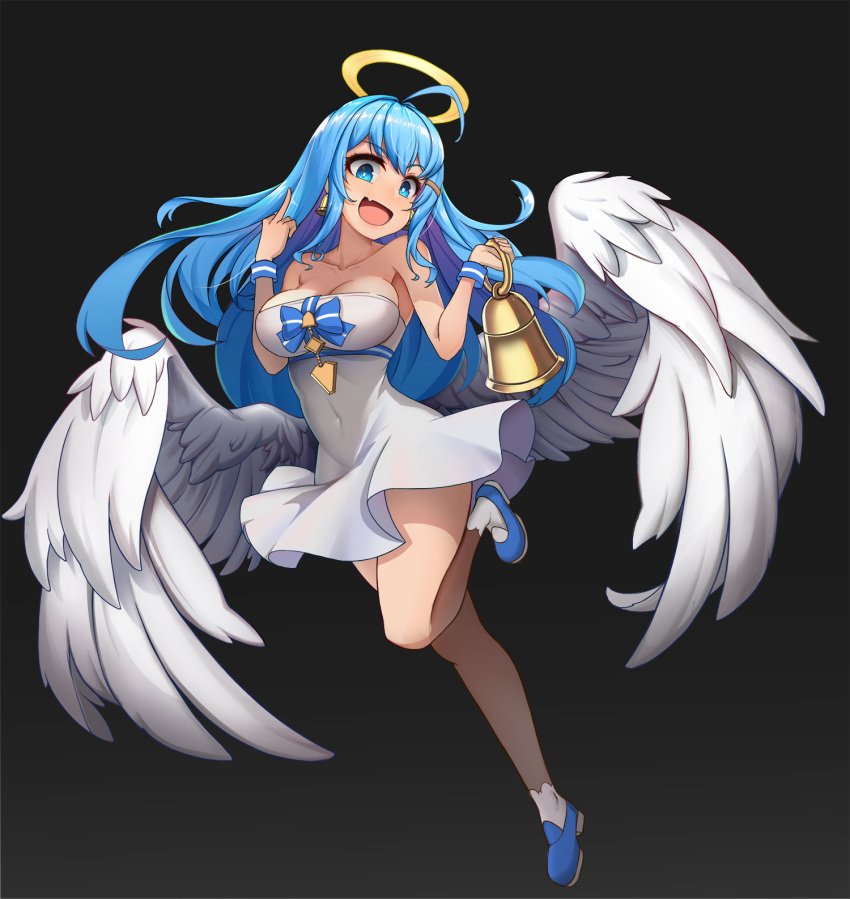 :d ahoge alternate_breast_size angel angel_wings bare_shoulders bell bell_earrings bellringer_angel blue_footwear blue_hair breasts covered_navel dress earrings feathered_wings female full_body hair_ornament hairclip halo highres holding holding_bell jewelry long_hair middle_finger oerba_yun_fang open_mouth photoshop_(medium) shadowverse skin_fang smile solo standing standing_on_one_leg white_dress white_wings wings wristband yakumoyuka