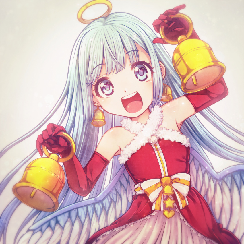 :d alternate_costume bell bell_earrings bellringer_angel blue_eyes bow christmas dual_wielding earrings elbow_gloves female gloves halo harukaze_makoto highres holding jewelry long_hair looking_at_viewer open_mouth red_gloves shadowverse simple_background smile solo standing star_(symbol) striped striped_bow upper_body very_long_hair white_bow white_hair wings