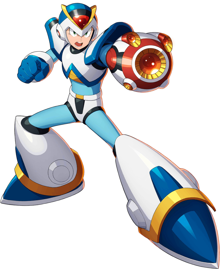 1boy android arm_cannon armor first_armor_x_(mega_man) forehead_jewel full_body green_eyes gun helmet highres male_focus mega_man_(series) mega_man_x1 mega_man_x_(series) mega_man_x_dive mizuno_keisuke official_art open_mouth shoulder_armor solo transparent_background weapon x_(mega_man)