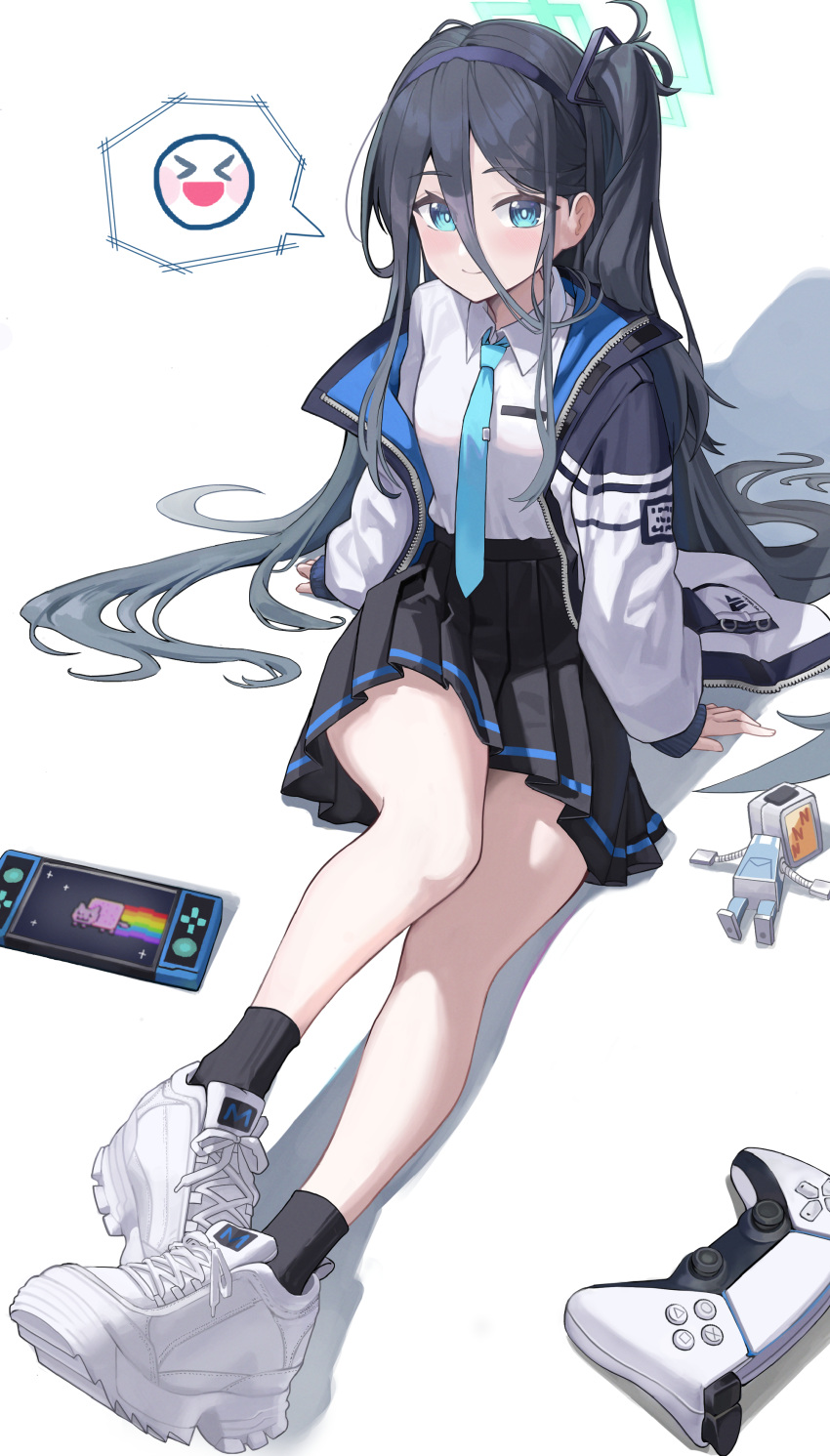 >_< :d absurdres aris_(blue_archive) black_hair black_hairband black_skirt black_socks blue_archive blue_eyes blue_necktie breasts collared_shirt controller dualsense female game_controller hair_between_eyes hair_spread_out hairband halo highres jacket letco2766 long_hair long_sleeves looking_at_viewer multicolored_clothes multicolored_jacket necktie nyan_cat one_side_up open_clothes open_jacket playstation_controller pleated_skirt ringed_eyes shirt shoes simple_background sitting skirt sleeves_past_wrists small_breasts smile sneakers socks solo speech_bubble tie_clip very_long_hair white_background white_footwear white_jacket white_shirt xd