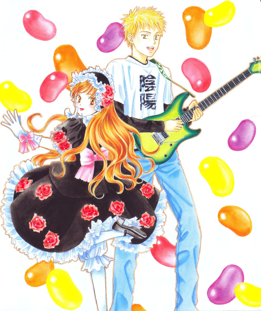 absurdres blonde_hair candy dress flower guitar highres instrument jelly_bean kare_kano kareshi_kanojo_no_jijou orange_hair