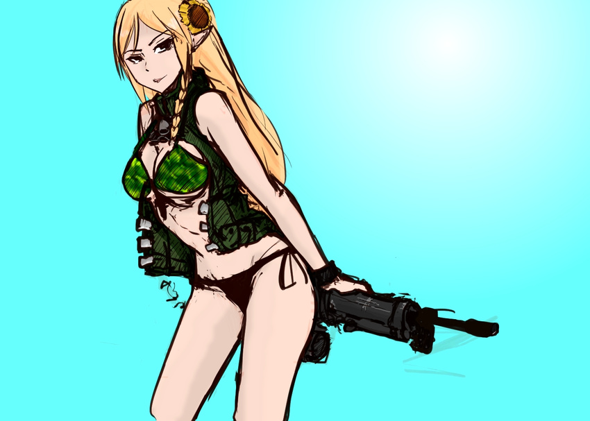 assault_rifle bare_shoulders bikini black_bikini black_eyes blonde_hair braid breasts cleavage collaboration colorfag colorized elf female flower gun hair_flower hair_ornament large_breasts leaning_forward light_smile long_hair open_clothes open_vest paint.net_(medium) panties_(pantsu-pirate) pointy_ears rifle rk95 sako_rk_95_(upotte!!) scope side-tie_bikini_bottom simple_background single_braid solo swimsuit underboob upotte!! vest weapon