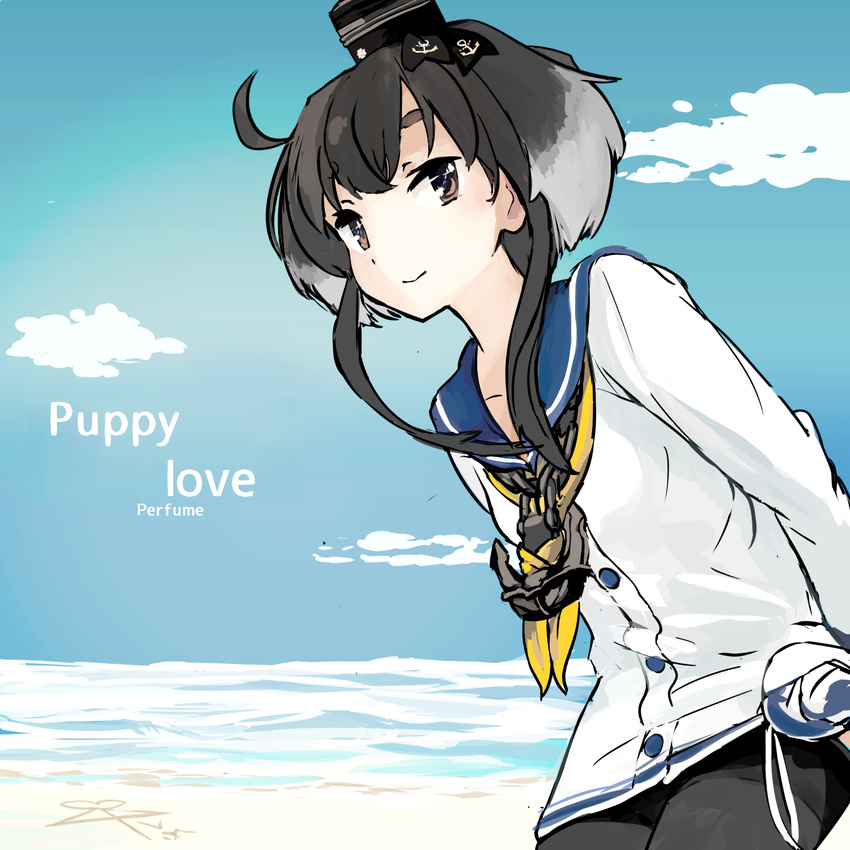 ahoge ai_ai_gasa anchor anchor_symbol beach black_hair blue_sky brown_eyes cloud commentary_request day dress female grey_hair hat hat_ribbon highres kantai_collection long_sleeves looking_at_viewer mini_hat morakkyo_(mephilas_g3) multicolored_hair neckerchief outdoors pantyhose ribbon sailor_collar sailor_dress short_hair_with_long_locks sidelocks sky smile solo song_name tokitsukaze_(kancolle) two-tone_hair