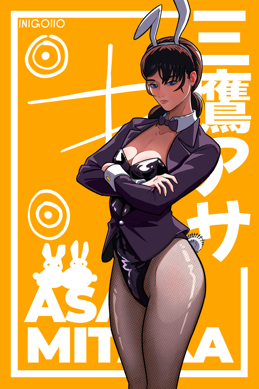 animal_ears black_hair black_leotard bow bowtie chainsaw_man detached_collar fake_animal_ears fake_tail female highres inigoiio leotard low_twintails mitaka_asa pantyhose playboy_bunny rabbit_ears rabbit_tail tail traditional_bowtie twintails wrist_cuffs