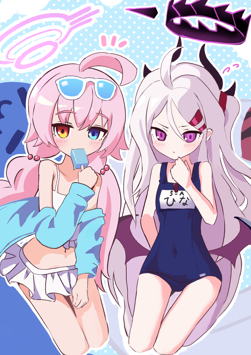 2girls ahoge bikini blue_archive blue_jacket commentary demon_girl demon_horns demon_wings eyewear_on_head food food_in_mouth forehead frilled_bikini frills hair_between_eyes hair_bobbles hair_ornament hairclip halo heterochromia highres hina_(blue_archive) hina_(swimsuit)_(blue_archive) horns hoshino_(blue_archive) hoshino_(swimsuit)_(blue_archive) jacket long_hair looking_at_viewer multiple_girls name_tag navel official_alternate_costume old_school_swimsuit open_clothes open_jacket parted_bangs popsicle popsicle_in_mouth school_swimsuit sidelocks simple_background sleeveless stomach sunglasses swimsuit thomason366 whistle whistle_around_neck white_bikini wings