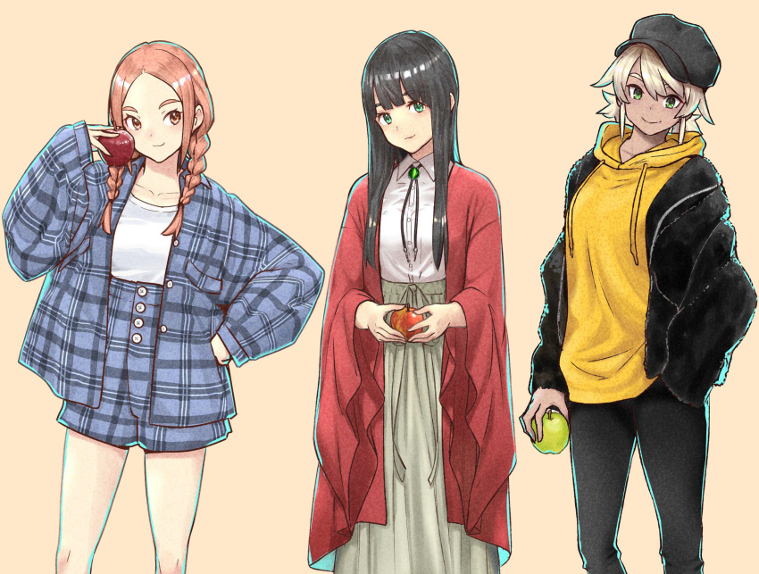 3girls apple bad_id bad_twitter_id black_hair brown_hair chromatic_aberration cloak commentary_request dark-skinned_female dark_skin flying_witch food fruit full_body green_eyes hat high-waist_shorts high-waist_skirt highres holding holding_food holding_fruit hood hoodie ishiwatari_nao ishizuka_chihiro jacket kowata_akane kowata_makoto long_hair long_skirt looking_at_viewer multiple_girls official_art plaid plaid_jacket plaid_shorts red_cloak shorts siblings sisters skirt straight_hair thick_eyebrows yellow_hoodie