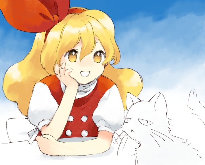 1boy blonde_hair bow buttons commentary_request dress ellen_(touhou) ellen_fuwafuwaatama_aureus feline female hairbow hand_on_own_face happy hatarakimono kaigen_1025 long_hair open_mouth puffy_short_sleeves puffy_sleeves red_bow shirt short_sleeves sokrates_(touhou) takemoto_izumi_(style) touhou touhou_(pc-98) white_cat white_shirt yellow_eyes