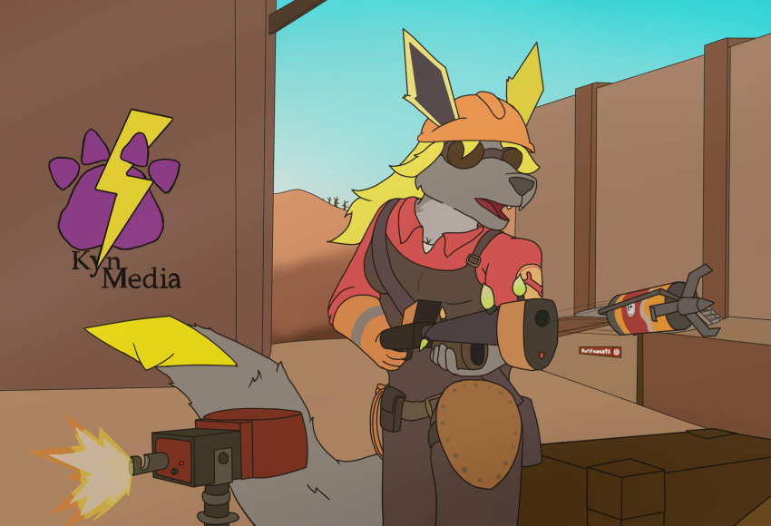 anthro canid canine canis eeveelution engineer_(profession) engineer_(team_fortress_2) female generation_1_pokemon gun hi_res hybrid jolteon kyn_skyther kynmedia mammal nintendo pokemon pokemon_(species) ranged_weapon sentry_gun_(team_fortress_2) shooting_gun solo team_fortress_2 technology valve weapon wolf