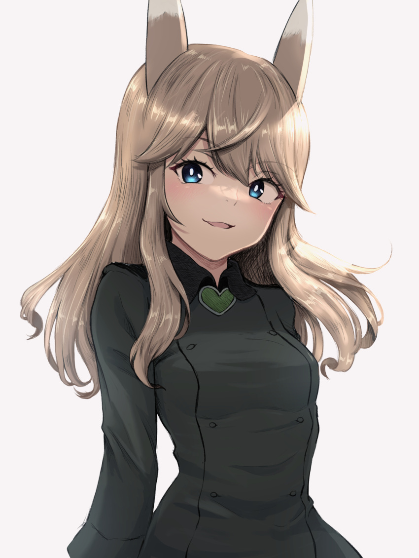 animal_ears blonde_hair blue_eyes blush breasts cowboy_shot female fox_ears fox_girl gradient_eyes highres jacket liar_lawyer long_hair military military_jacket military_uniform multicolored_eyes ottilie_kittel small_breasts smile solo uniform world_witches_series