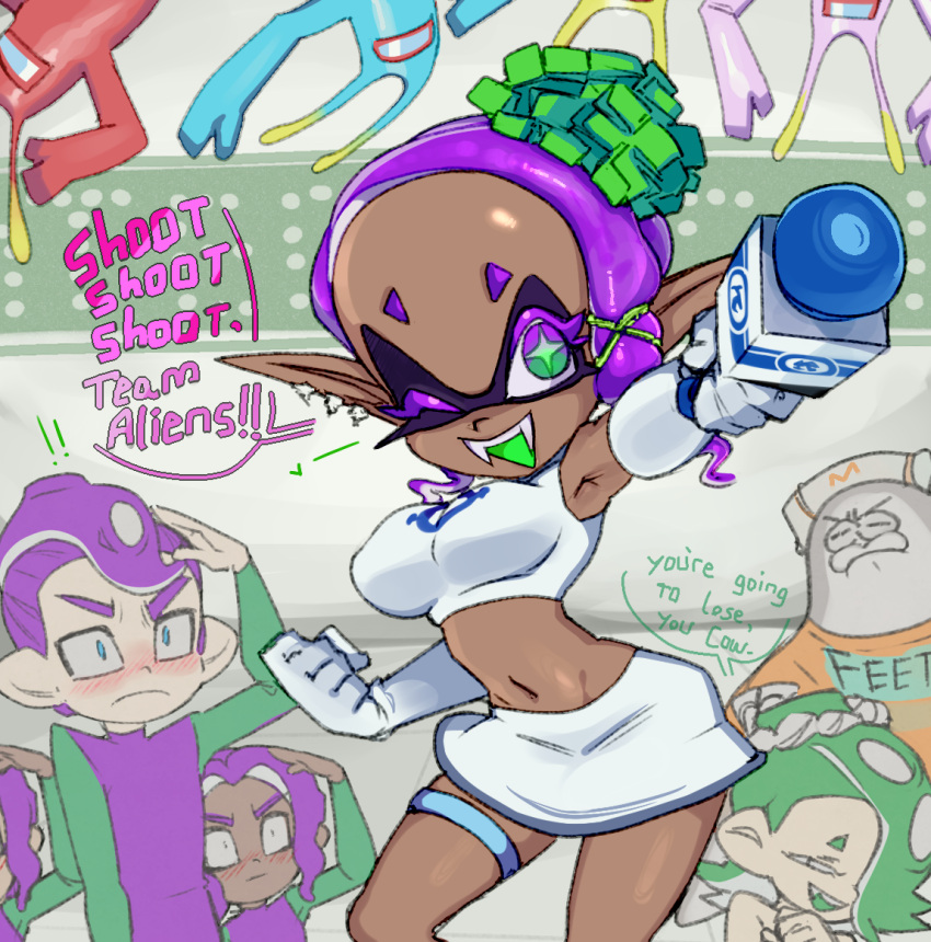 ! !! 2023 2girls 4boys :d ;d archived_source background big_breasts big_man_(splatoon) breasts clothing colored_tongue cosplay crop_top cross-shaped_pupils dark-skinned_female dark_skin deep_cut_(splatoon) drawfag earrings english_text erect_nipples erect_nipples_under_clothes fangs female food food_on_head forehead frye_(splatoon) green_eyes green_hair green_tongue groin holding holding_microphone holding_object inkling jewelry male microphone miniskirt morolians multicolored_eyes multiple_boys multiple_earrings multiple_girls navel nipples object_on_head octoling octoling_boy one_eye_closed open_mouth open_mouth_smile orange_shirt outstretched_arm pointy_ears purple_eyelashes purple_eyes purple_hair salute shirt shiver_(splatoon) short_eyebrows skirt sleeveless smile space_channel_5 speech_bubble splatfest splatoon splatoon_3 suction_cups symbol-shaped_pupils teeth tempura tentacle tentacle_hair text text_on_clothing thigh_strap tooth_earrings ulala_(cosplay) upper_teeth_only white_skirt wink