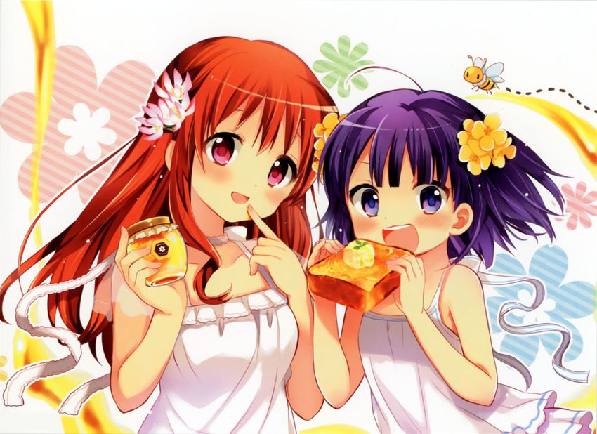 2girls :d ahoge alternate_hairstyle bee blush bottle bread bread_slice brown_hair bug dotted_line dress finger_to_mouth flower food hair_flower hair_ornament hara_yui head_tilt highres holding holding_food koufuku_graffiti long_hair looking_at_viewer machiko_ryou morino_kirin multiple_girls open_mouth pink_eyes purple_eyes purple_hair sleeveless sleeveless_dress smile toast upper_body white_background white_dress |_|