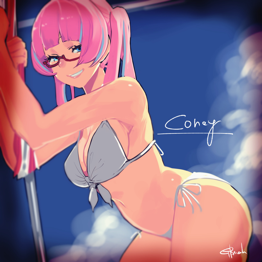 bad_id bad_pixiv_id bikini blue_eyes blue_hair blue_sky breasts character_name cleavage cloud commentary_request day female gbmah glasses grin highres large_breasts looking_at_viewer multicolored_hair navel parasol pink_hair red-framed_eyewear rokusaki_coney sky smile solo swimsuit tokyo_7th_sisters twintails two-tone_hair umbrella white_bikini