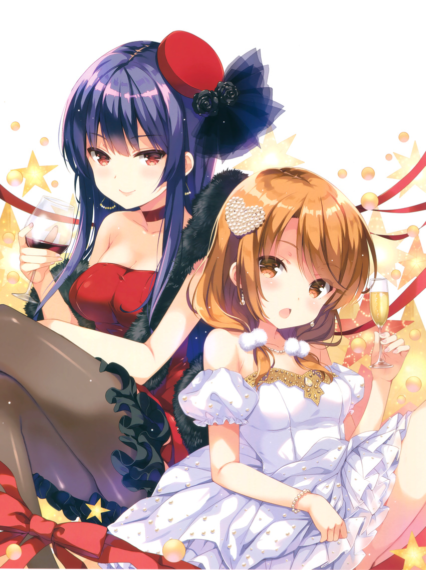 2girls absurdres black_hair black_legwear blush bracelet breasts brown_eyes brown_hair chestnut_mouth cleavage closed_mouth collarbone crossed_legs cup detached_sleeves dress drinking_glass earrings girlfriend_(kari) hair_ornament hat head_tilt heart heart_hair_ornament highres holding jewelry kagurazaka_saya long_hair medium_breasts multiple_girls official_art pantyhose pom_pom_(clothes) qp:flapper red_dress red_eyes red_ribbon ribbon scan short_sleeves sitting sleeveless sleeveless_dress smile star_(symbol) tamai_remi white_background white_dress wine_glass