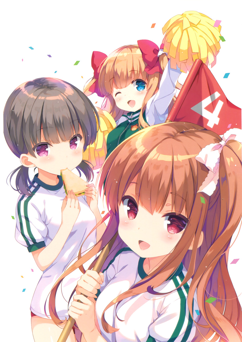 3girls ;d absurdres arm_up asahina_momoko blue_eyes blush bow brown_hair cheerleader confetti eating flag food girlfriend_(kari) gym_uniform hairbow head_tilt highres holding holding_food jacket long_hair looking_at_viewer low_twintails multiple_girls numbered_flag official_art one_eye_closed one_side_up open_mouth outstretched_arm pink_eyes pom_pom_(cheerleading) qp:flapper red_bow red_eyes sandwich scan shigino_mutsumi shirt short_sleeves smile striped_clothes striped_shirt track_jacket twintails white_background white_shirt yuuki_nae zipper