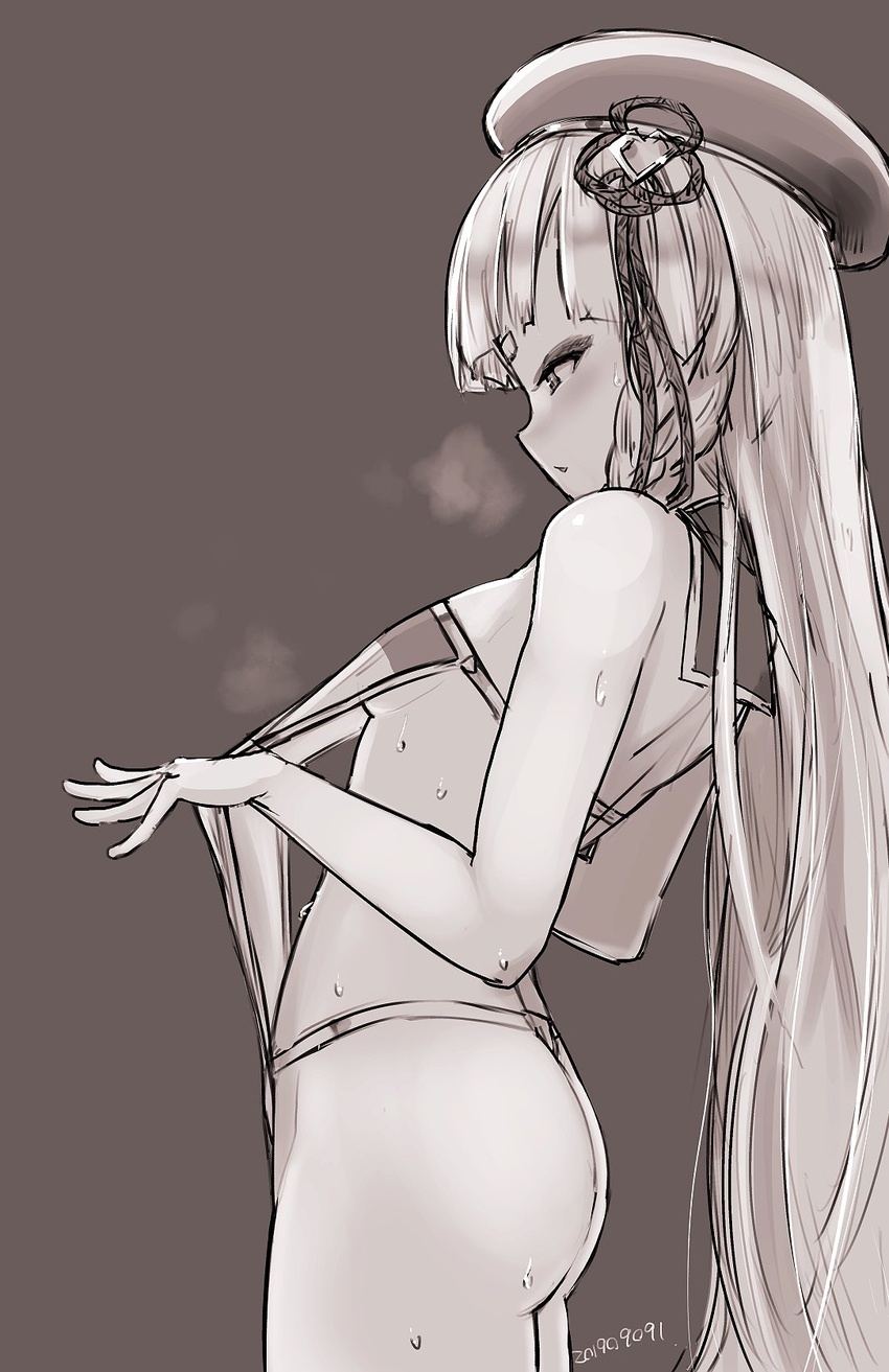 ass bare_shoulders beret blunt_bangs blush braid breasts clothes_pull erune eyeliner female granblue_fantasy greyscale hat highleg highleg_leotard highres leotard long_hair looking_down makeup monochrome nosuku parted_lips pholia short_eyebrows side_braids sideless_leotard sideless_outfit small_breasts solo sweat thighs very_long_hair