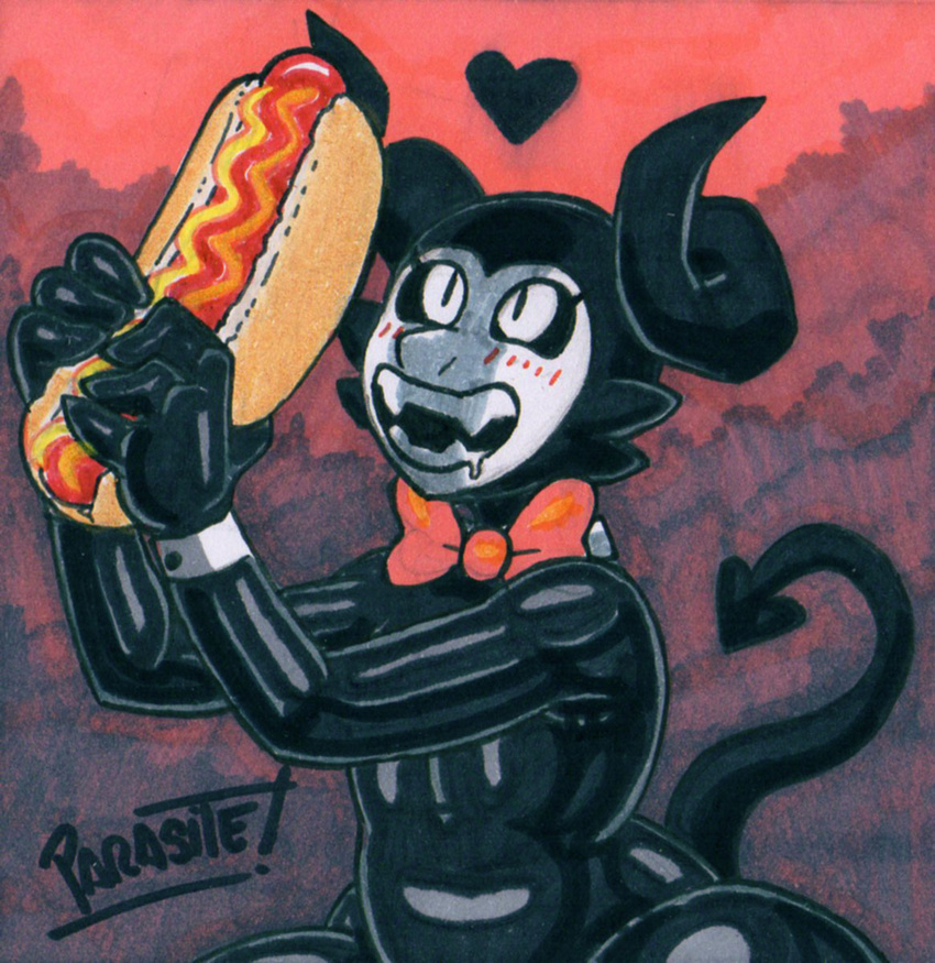 2024 2_horns 4_fingers artist_name black_body black_sclera black_skin blush bottom_heavy bow_tie curled_horn demon demon_humanoid el_diablo_(parasitedeath) femboy fingers food graphite_(artwork) heart_symbol hi_res horn horned_humanoid hot_dog humanoid long_tail male marker_(artwork) open_mouth open_smile parasitedeath pencil_(artwork) signature simple_background smile solo spade_tail tail teeth thick_thighs traditional_media_(artwork) white_eyes wide_hips