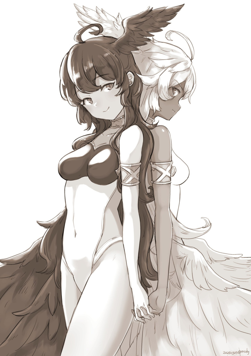 2girls ahoge angel_wings armlet back-to-back bare_shoulders breasts covered_navel dark-skinned_female dark_skin feathered_wings granblue_fantasy greyscale halluel_(granblue_fantasy) head_wings highleg highleg_leotard highres leotard long_hair looking_at_viewer malluel_(granblue_fantasy) medium_breasts monochrome multiple_girls nosuku sideless_leotard sideless_outfit smile thighs wings