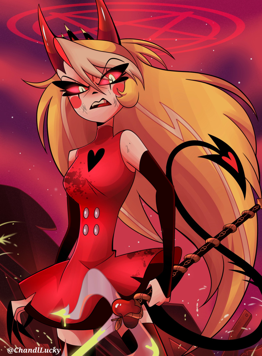 absurdres angry blonde_hair chandllucky charlie_morningstar crown demon demon_girl demon_horns demon_tail dress female hazbin_hotel highres horns long_hair looking_at_viewer pitchfork red_dress solo tail