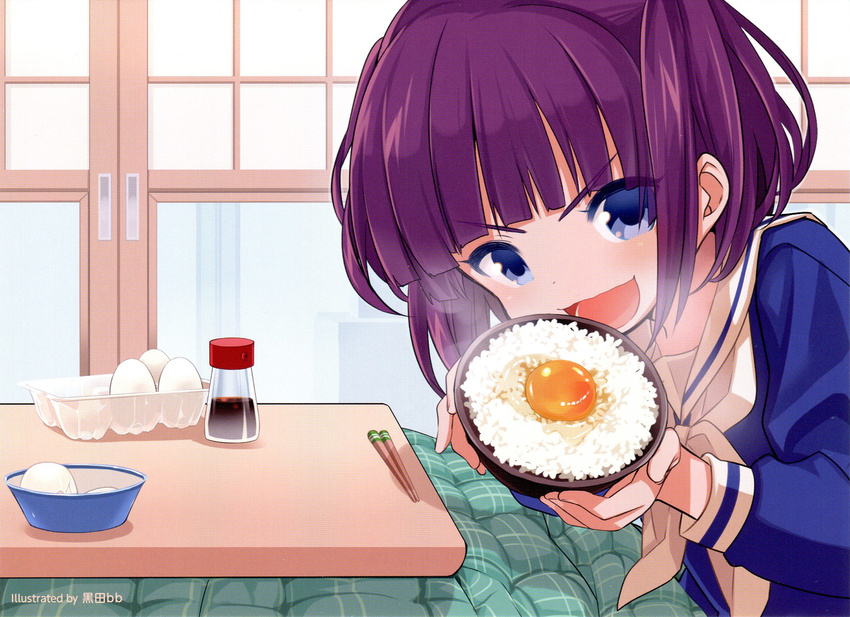 :d artist_name blue_eyes blunt_bangs bottle bowl chopsticks egg egg_carton female food highres holding indoors kotatsu koufuku_graffiti kuroda_bb long_sleeves looking_at_viewer morino_kirin open_mouth purple_hair rice school_uniform serafuku short_twintails smile solo soy_sauce soy_sauce_bottle table tamagokake_gohan twintails v-shaped_eyebrows window