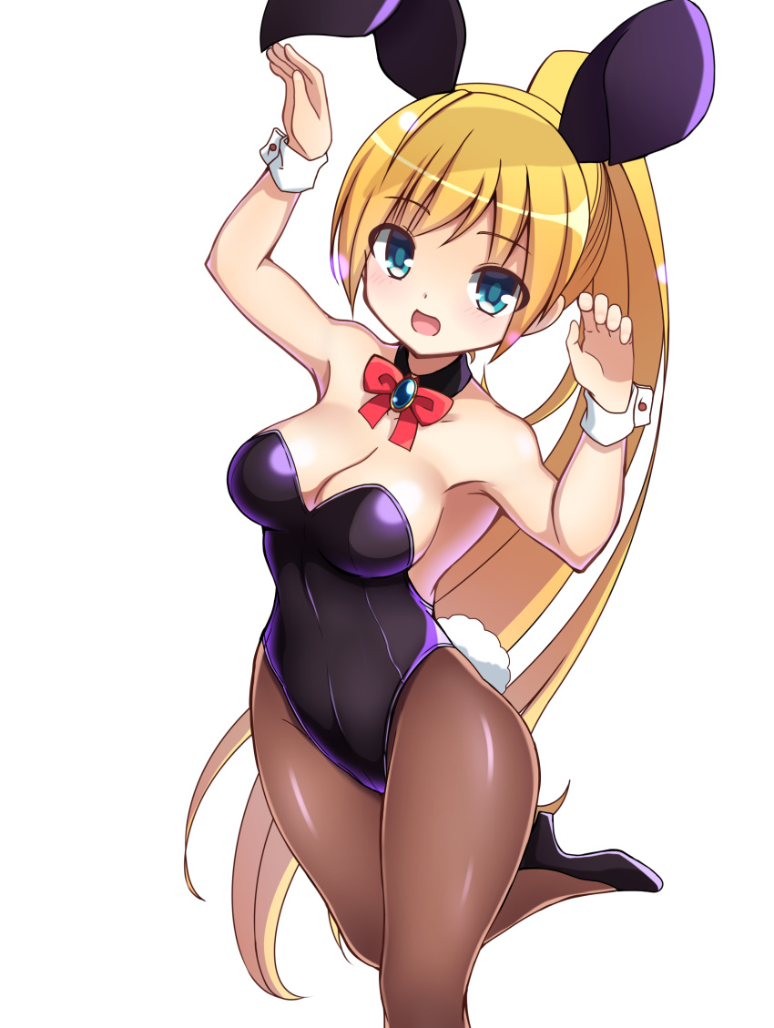 absurdres animal_ears ariel_(elsword) armpits bare_shoulders black_footwear black_leotard blonde_hair blush bow bowtie breasts brooch brown_pantyhose cleavage collarbone commentary_request detached_collar elsword fake_animal_ears female hands_up high_heels highres jewelry leg_up leotard long_hair looking_at_viewer medium_breasts open_mouth pantyhose playboy_bunny ponytail rabbit_ears rabbit_tail red_bow red_bowtie ribbon shoes simple_background smile solo standing standing_on_one_leg tail very_long_hair white_background wrist_cuffs zetsuei_(zetto)