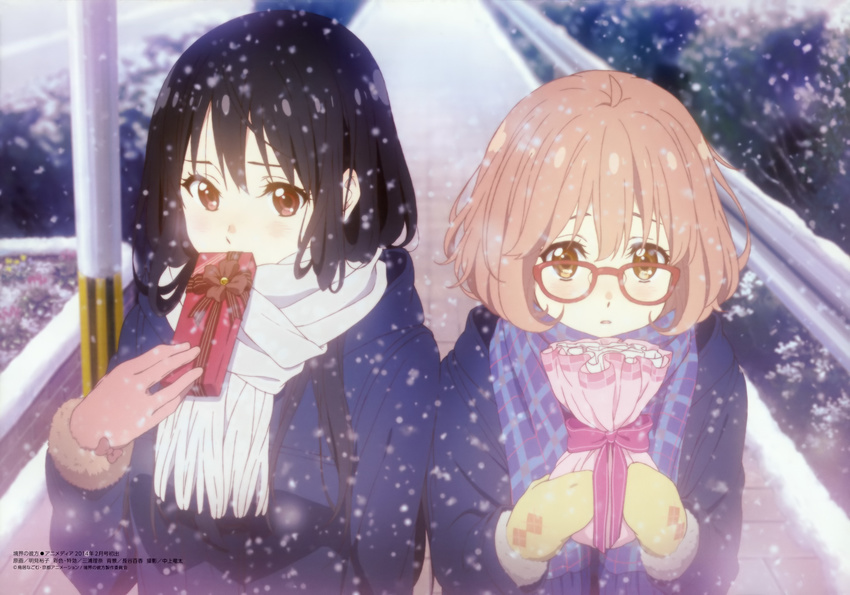 2girls absurdres argyle black_hair blush box brown_eyes brown_hair chocolate covering_own_mouth detexted gift gift_bag gift_box glasses gloves highres imageboard_desourced incoming_gift kuriyama_mirai kyoukai_no_kanata long_hair looking_at_viewer mittens multiple_girls myouken_yuuko nase_mitsuki non-web_source official_art outdoors plaid plaid_scarf red-framed_eyewear red_eyes scarf short_hair snow snowing third-party_edit valentine winter