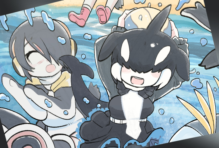 6+girls :d bad_id bad_pixiv_id ball beach beachball bird_tail black_hair blank_eyes blowhole blush_stickers cetacean_tail chibi commentary_request covered_eyes day dorsal_fin dress emperor_penguin_(kemono_friends) facing_another facing_viewer fins fish_tail frills furrowed_brow gentoo_penguin_(kemono_friends) gunzan hair_over_eyes hair_over_one_eye head_fins headphones highres hood hood_down hoodie humboldt_penguin_(kemono_friends) kemono_friends long_sleeves medium_hair multicolored_hair multiple_girls open_mouth orange_hair orca_(kemono_friends) outdoors partially_submerged penguin_tail penguins_performance_project_(kemono_friends) photo_(object) red_hair rockhopper_penguin_(kemono_friends) royal_penguin_(kemono_friends) sand shoes smile splashing streaked_hair surprised tail water white_hair