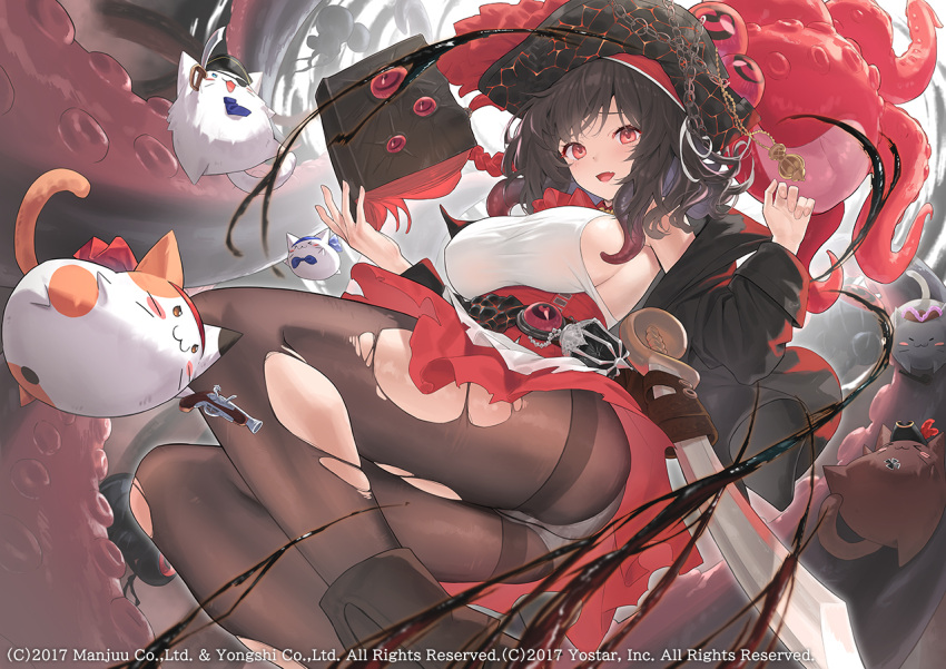 :3 azur_lane book breasts brown_footwear brown_hair brown_pantyhose cross eyepatch feet_out_of_frame female from_below hat holding holding_book iron_cross large_breasts long_hair looking_at_viewer meowfficer_(azur_lane) oerba_yun_fang official_art open_mouth panties panties_under_pantyhose pantyhose peragura pirate_hat red_eyes royal_fortune_(azur_lane) scimitar sideboob skin_fang solo sword tentacle_hair torn_clothes torn_pantyhose underwear weapon white_panties