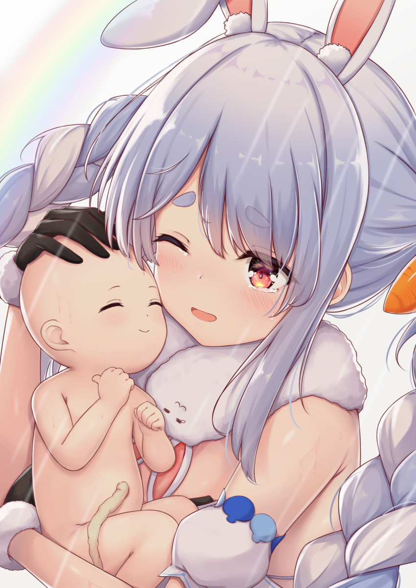 animal_ear_fluff animal_ears arata_(xin) baby bad_id bad_pixiv_id bb-28 blue_hair blush braid carrot_hair_ornament closed_eyes closed_mouth death_stranding don-chan_(usada_pekora) female food-themed_hair_ornament hair_ornament highres holding holding_baby hololive long_hair one_eye_closed open_mouth rabbit_ears rabbit_girl red_eyes sidelocks smile twintails umbilical_cord usada_pekora usada_pekora_(1st_costume) virtual_youtuber